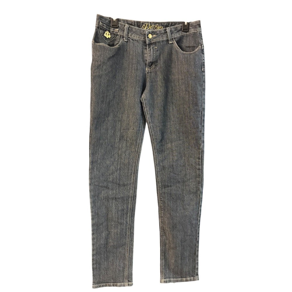 Dereon Womens Dark Wash Gold Embroidered Slim Fit Jeans Size 11/12 Y2K Style